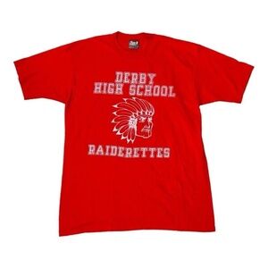 Vintage 80s Mens XL Distressed Derby High School Raiderettes T-Shirt Red USA